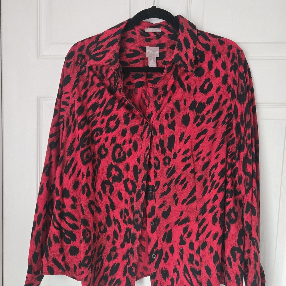 Chicos Top Size 3 Button Down Red Black Cheetah Design Classic Style